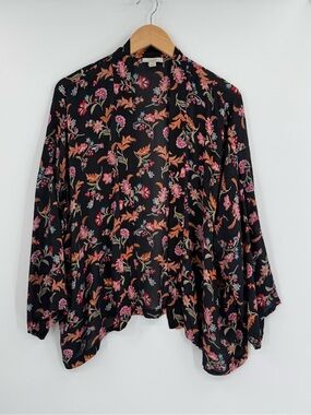 LOFT Floral Modal Open-Front Kimono Cardigan | Black | M/L